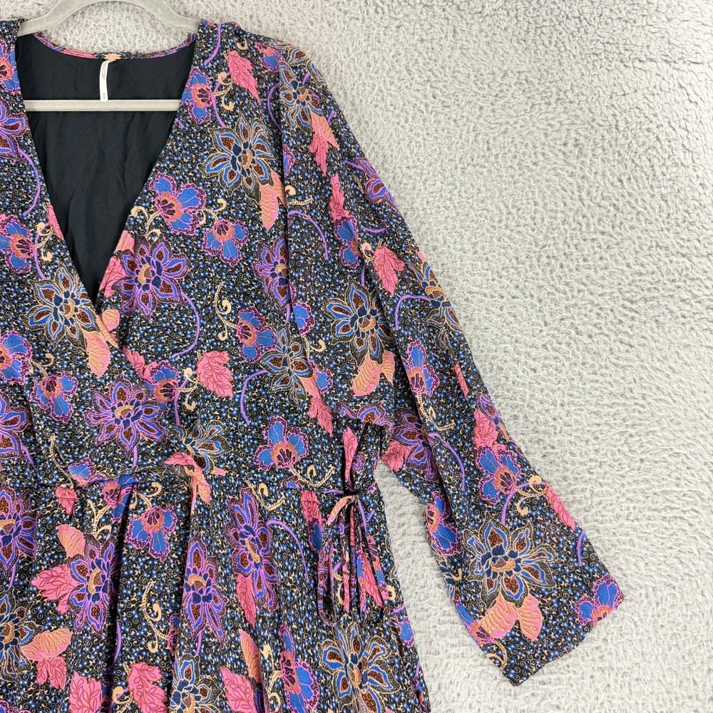 Free People Mini Dress Womens Medium Black Floral‎ Boho Wrap V-Neck OB1418794
